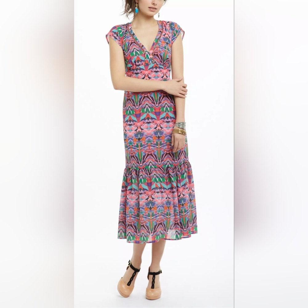 Anthropologie Vanessa Virginia Mural Maxi Dress Sz 8 Multicolor Boho Flowy READ